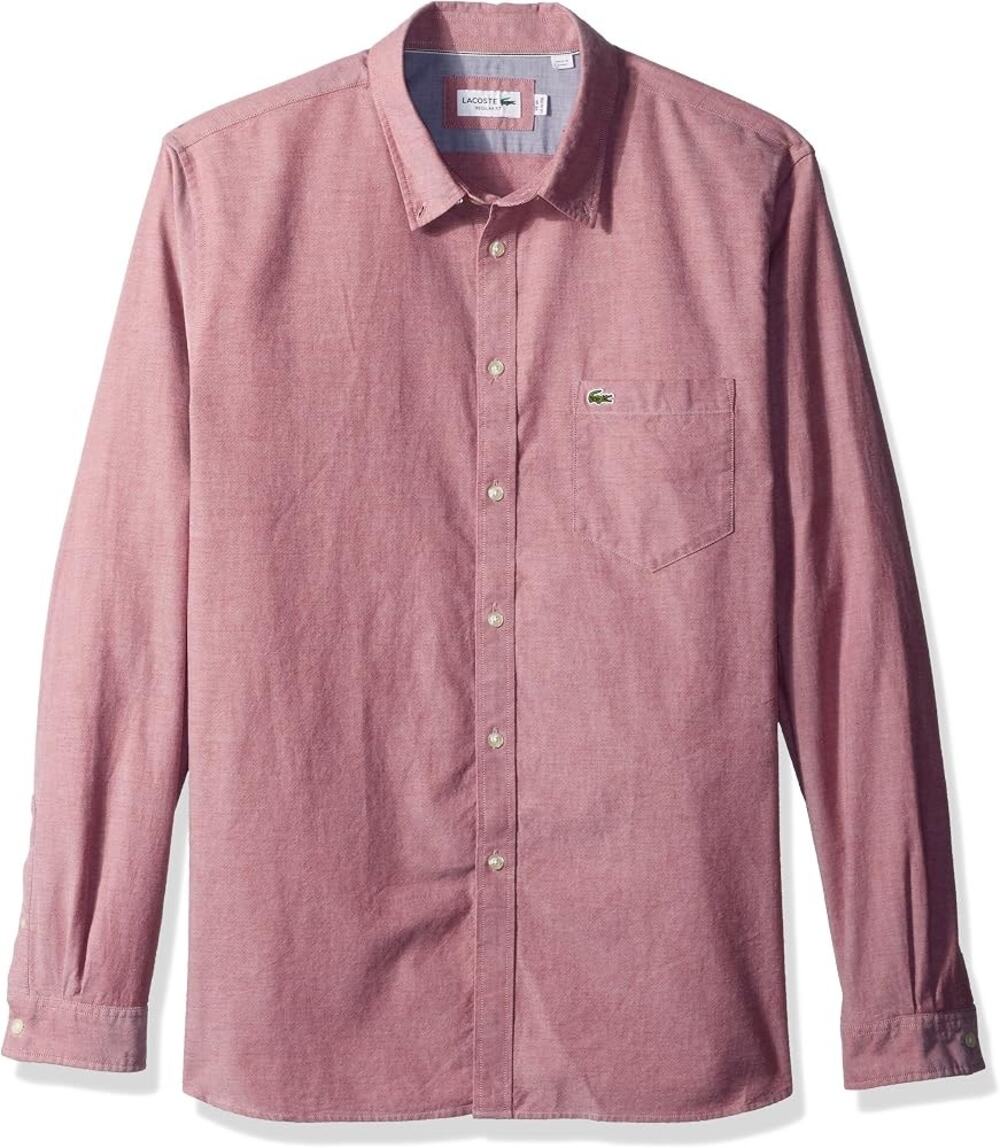 Lacoste Red White Oxford Button Down Shirt Regular Fit Long Sleeve Cotton -Small